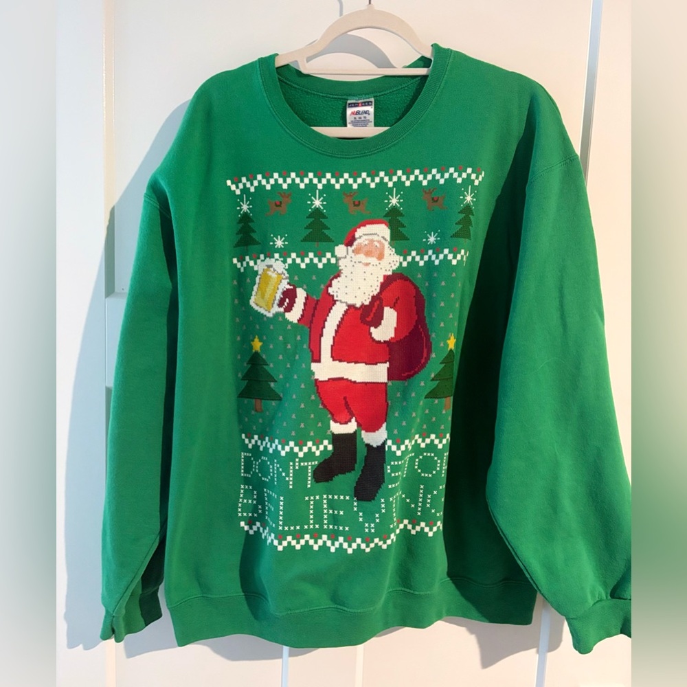 Jerzees Green Santa Crewneck Sweater “Don’t Stop Believing”